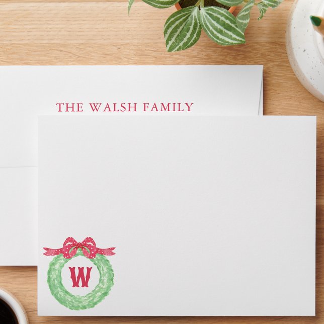 Watercolor Red Polka Dot Bow Monogram Wreath Envelope (Creator Uploaded)