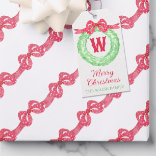 Watercolor Red Polka Dot Bow Monogram Wreath Gift Tags