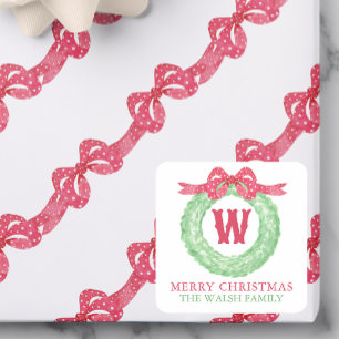 Watercolor Red Polka Dot Bow Monogram Wreath Square Sticker
