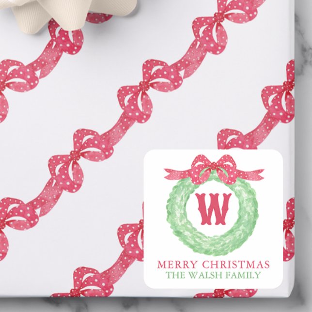 Watercolor Red Polka Dot Bow Monogram Wreath Square Sticker (Creator Uploaded)