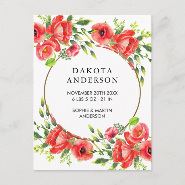 Watercolor Red Poppies Birth Announcement (Front)