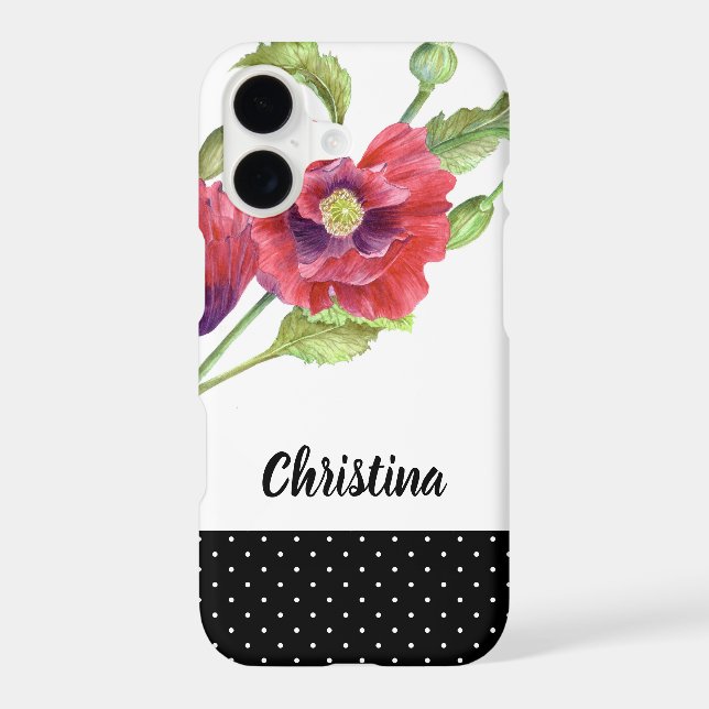 Watercolor Red Poppies Black White Polka Dots (Back)