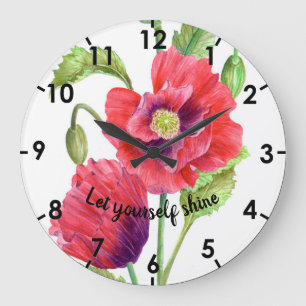 Watercolor Red Poppies Botanical Illustration Large Clock