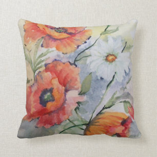 Watercolor red poppies cushion