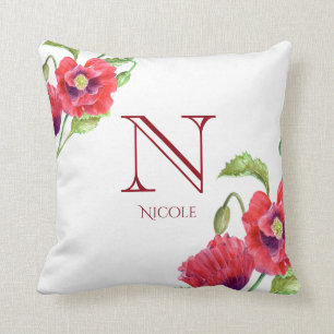 Watercolor Red Poppies Floral Art Monogram Cushion