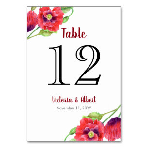 Watercolor Red Poppies Floral Art Wedding Table Number