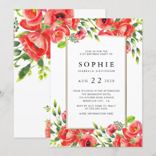 Watercolor Red Poppies Floral Birthday Party Invitation