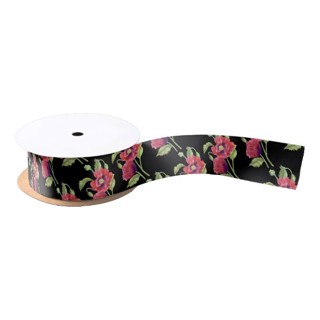 Watercolor Red Poppies Floral Black Background Satin Ribbon (Spool)