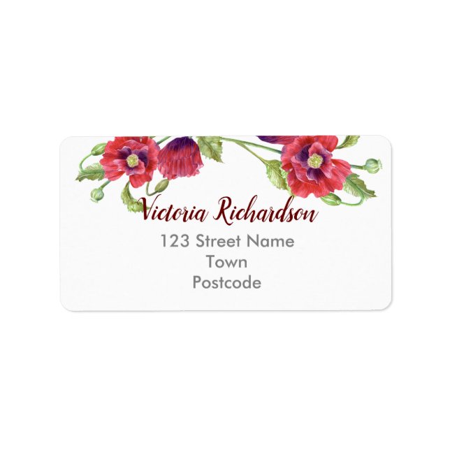 Watercolor Red Poppies Floral Illustration Label (Front)