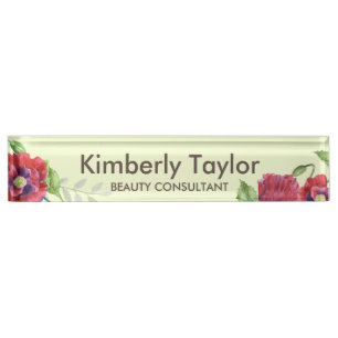 Watercolor Red Poppies Floral Illustration Office Nameplate