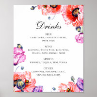 Watercolor red poppies. Floral wedding drinks bar