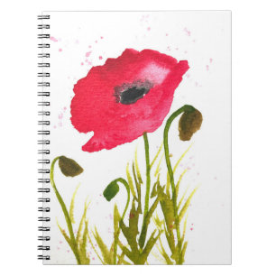 Watercolor red poppies flowers chic rustic notebook
