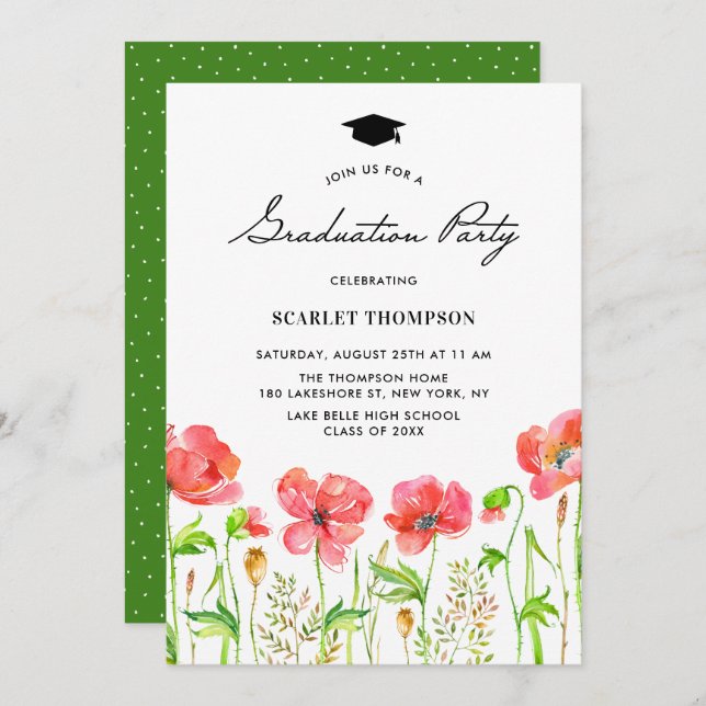 Watercolor Red Poppies Garden Graduation Party Invitation (Front/Back)