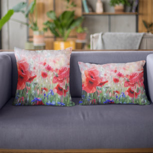 Watercolor Red Poppies Painting Lumbar Cushion