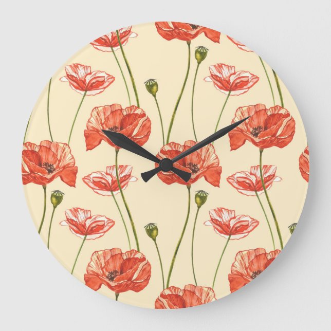 Watercolor Red Poppies Pattern. Large Clock (Front)