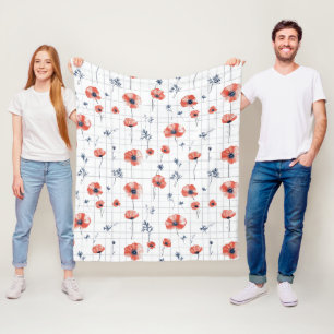Watercolor Red Poppies Pattern on White Fleece Blanket