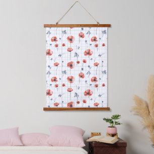 Watercolor Red Poppies Pattern on White Hanging Tapestry