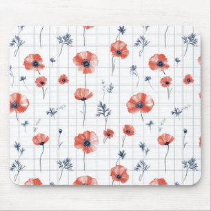 Watercolor Red Poppies Pattern on White Mouse Pad