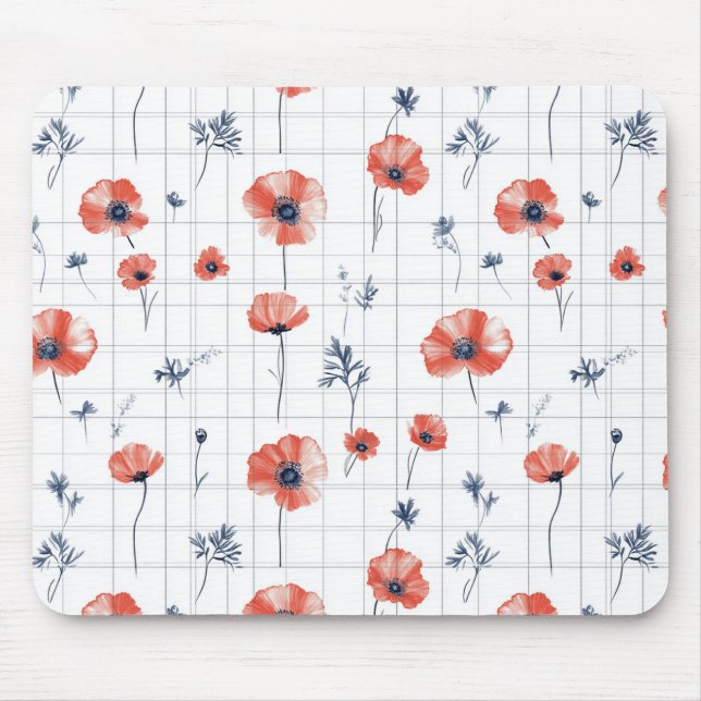 Watercolor Red Poppies Pattern on White Mouse Pad (Front)