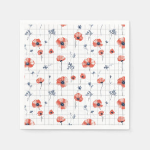 Watercolor Red Poppies Pattern on White Napkin
