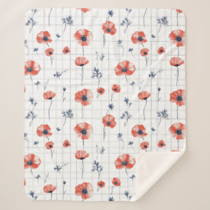 Watercolor Red Poppies Pattern on White Sherpa Blanket