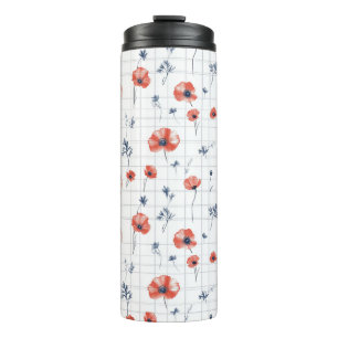 Watercolor Red Poppies Pattern on White Thermal Tumbler