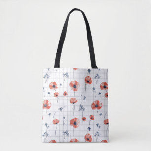 Watercolor Red Poppies Pattern on White Tote Bag