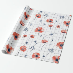 Watercolor Red Poppies Pattern on White Wrapping Paper