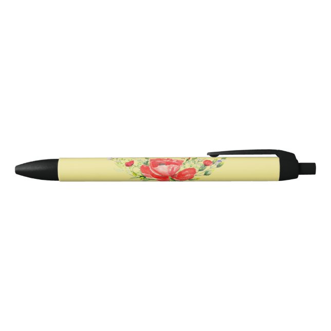 Watercolor Red Poppies Personalised Black Ink Pen (Top)