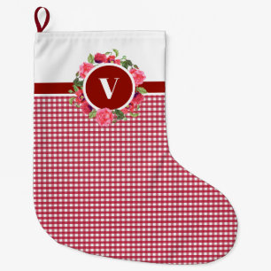 Watercolor Red Poppies Pink Rose Wreath Monogram Large Christmas Stocking