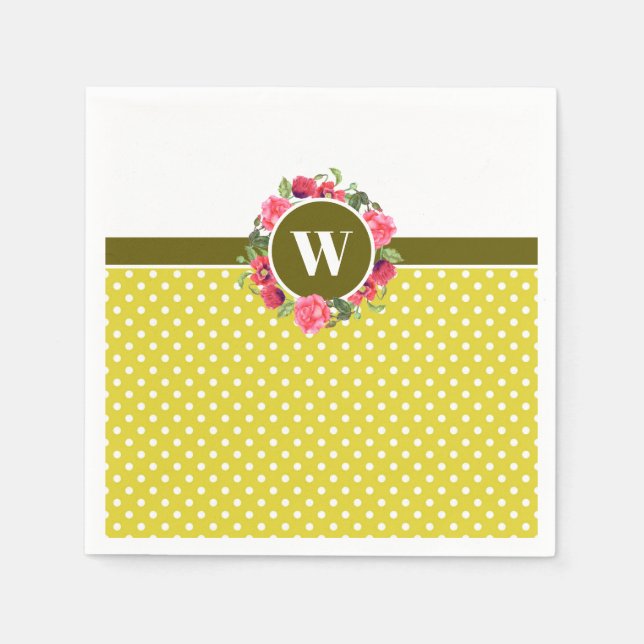 Watercolor Red Poppies Pink Rose Wreath Monogram Napkin (Front)