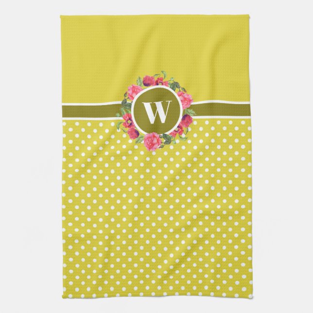 Watercolor Red Poppies Pink Rose Wreath Monogram Tea Towel (Vertical)