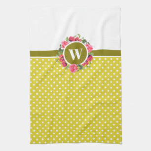 Watercolor Red Poppies Pink Rose Wreath Monogram Tea Towel