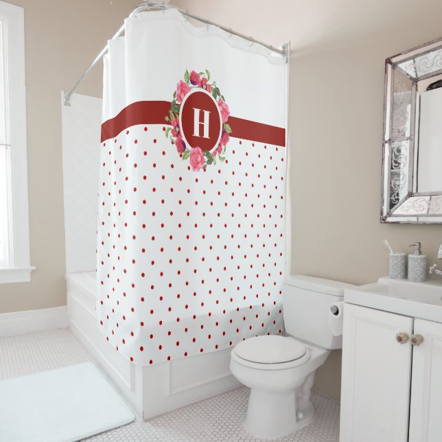 Watercolor Red Poppies Pink Roses Wreath Monogram Shower Curtain (In Situ)