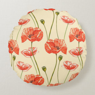 Watercolor red poppies. Seamless patterns. Wild fl Round Cushion