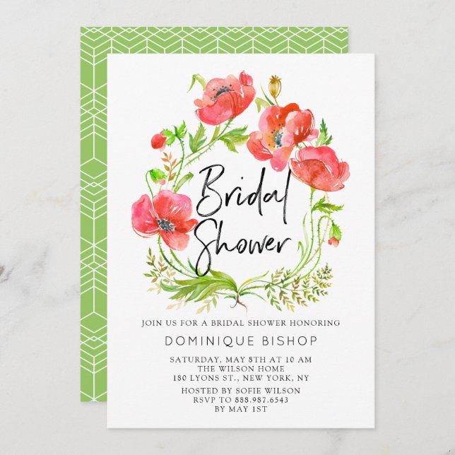 Watercolor Red Poppies Wreath Bridal Shower Invitation (Front/Back)