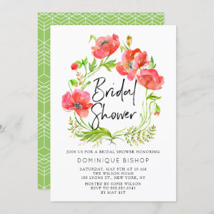 Watercolor Red Poppies Wreath Bridal Shower Invitation
