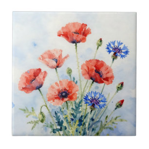 Watercolor Red Poppy Blue Cornflower Bouquet Ceramic Tile