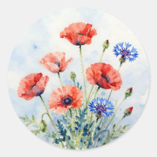 Watercolor Red Poppy Blue Cornflower Bouquet Classic Round Sticker