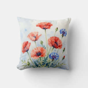 Watercolor Red Poppy Blue Cornflower Bouquet Cushion