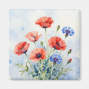 Watercolor Red Poppy Blue Cornflower Bouquet Magnet