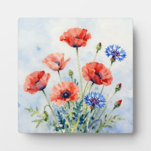 Watercolor Red Poppy Blue Cornflower Bouquet Plaque