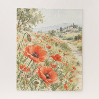 Watercolor Red Poppy Field Tuscan Countryside Jigsaw Puzzle