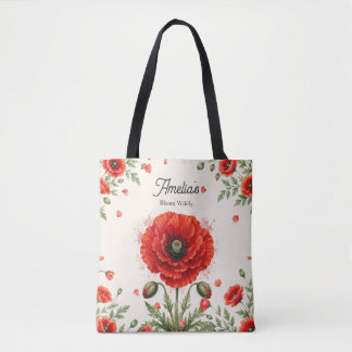 Watercolor Red Poppy Floral Monogram Girly Art Tote Bag