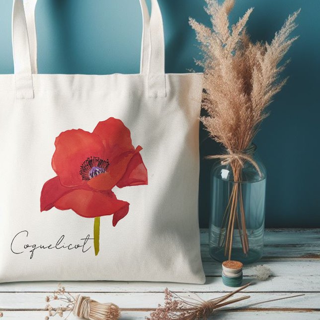 Watercolor red poppy flower tote bag (Tote bag fleur coquelicot rouge aquarelle)
