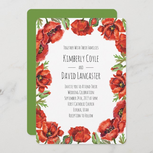 Watercolor Red Poppy Flowers 2 Invitation (Front/Back)