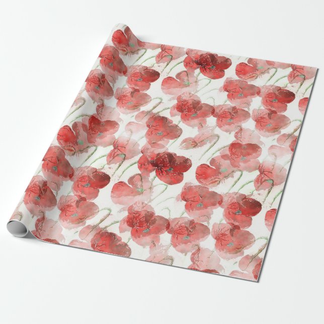 Watercolor Red Poppy Flowers  Wrapping Paper (Unrolled)