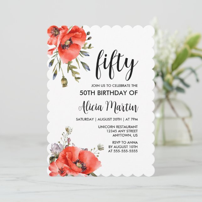 Watercolor Red Poppy Greenery 50th Birthday Invitation (Standing Front)