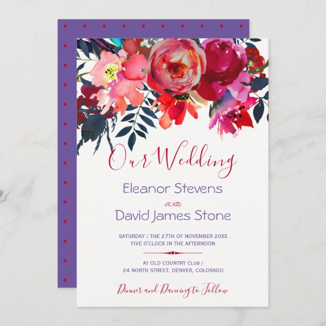 Watercolor red purple peony bouquet wedding invitation (Front/Back)