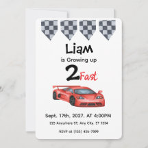 Watercolor Red Race Car 2nd Birthday Invitation |